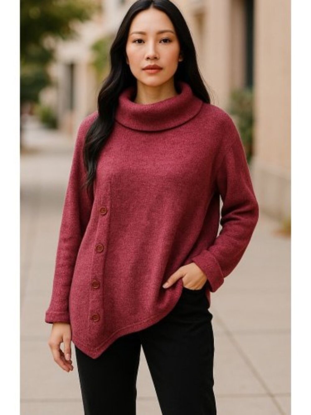 STUDIO 1886 Maroon Button Trim Accents Turtleneck Tunic Ladies L 12 14